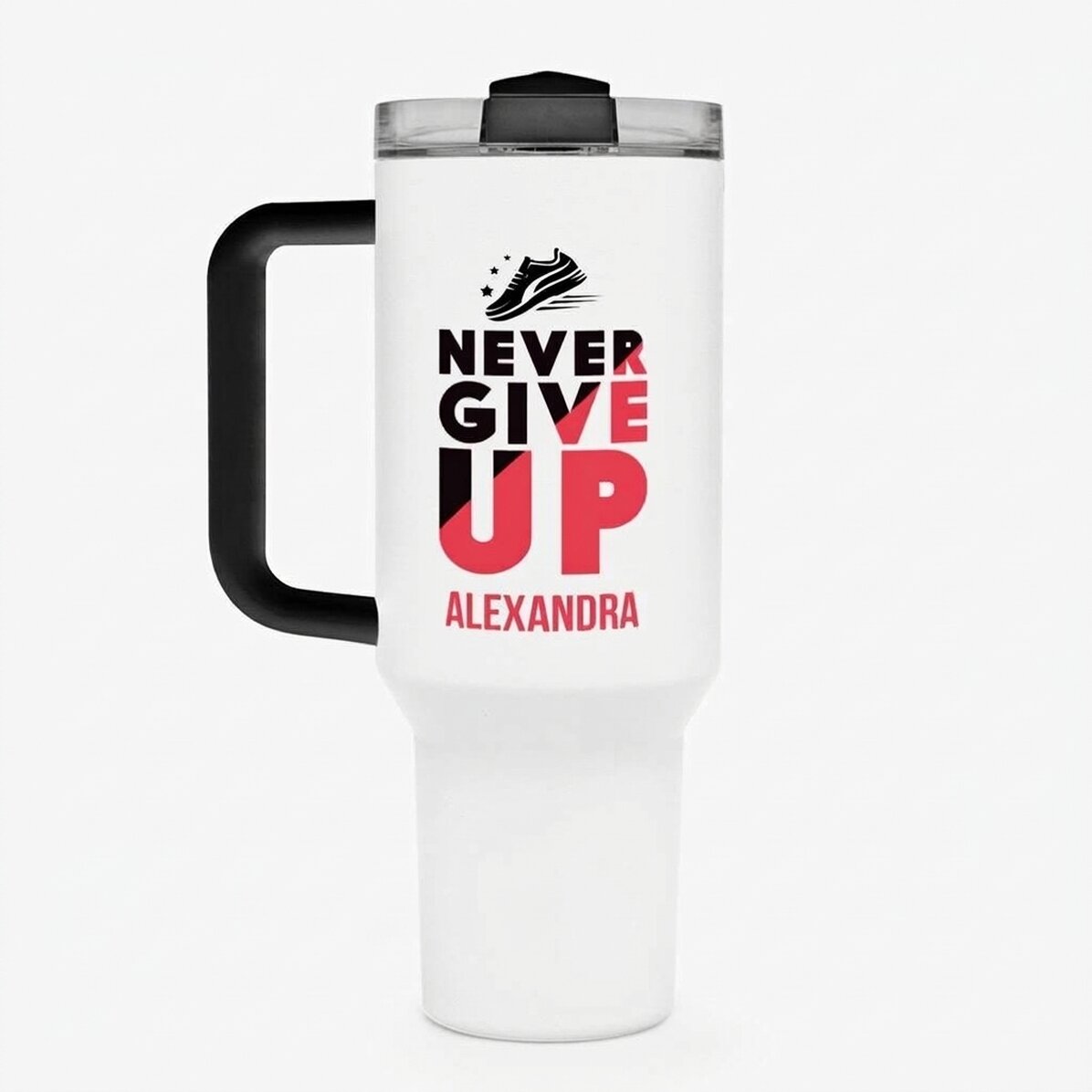 Tasse isotherme avec poignée et paille, personnalisée avec un prénom - Never give up