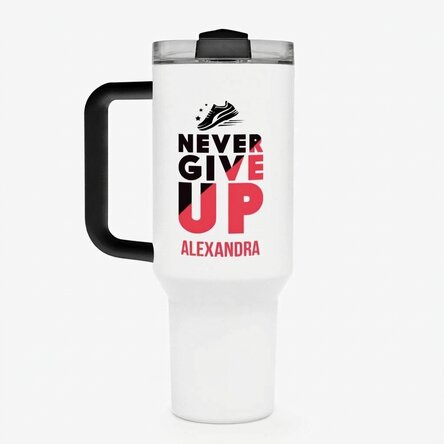Tasse isotherme avec poignée et paille, personnalisée avec un prénom - Never give up