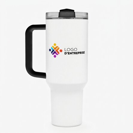 Tasse isotherme avec poignée et paille, personnalisée avec un logo