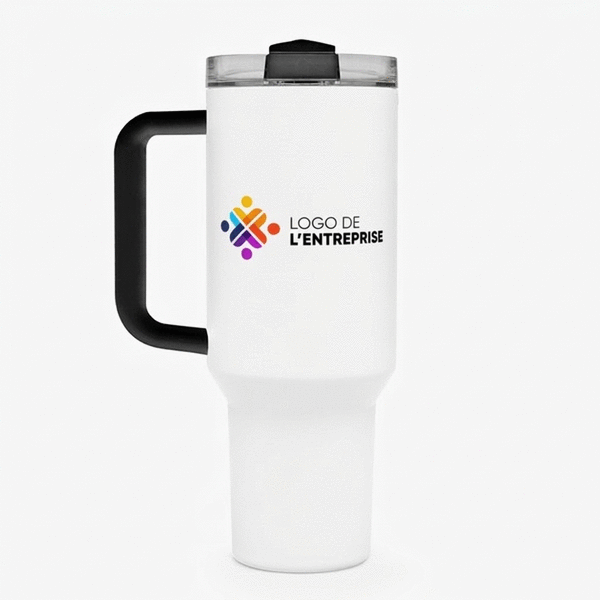 Tasse isotherme avec poignée et paille, personnalisée avec un logo et un nom