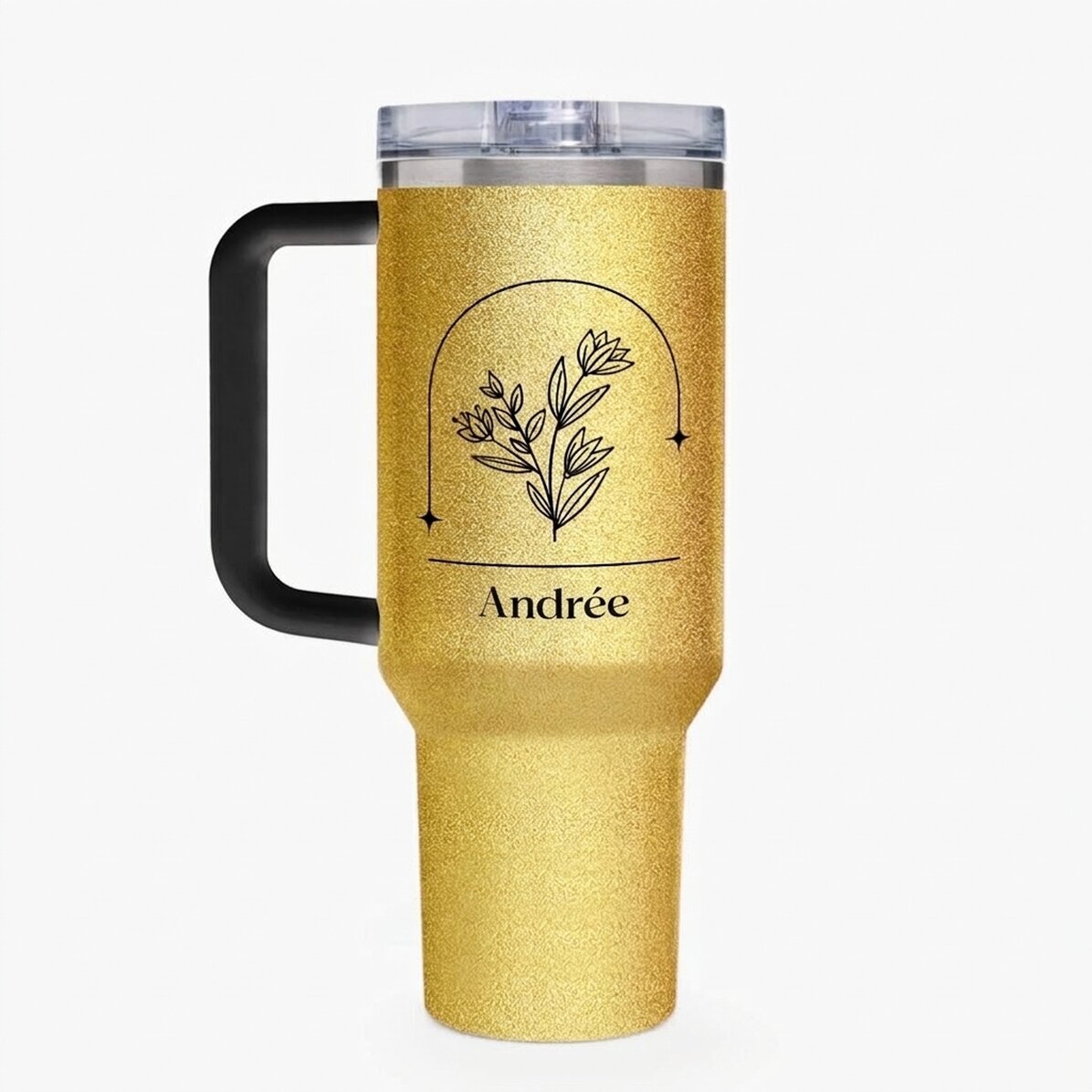 Tasse isotherme avec poignée et paille, personnalisée avec un prénom - Fleur