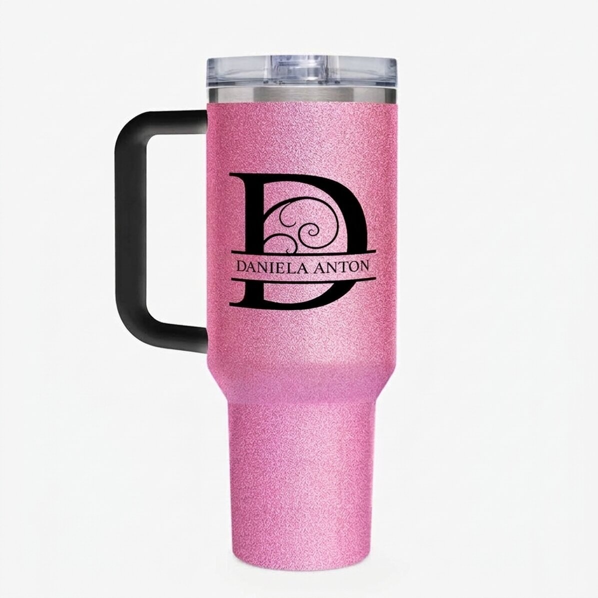 Tasse isotherme avec poignée et paille, personnalisée avec un monogramme