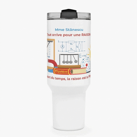 Tasse isotherme avec poignée et paille, personnalisée avec un message - Professeure de physique
