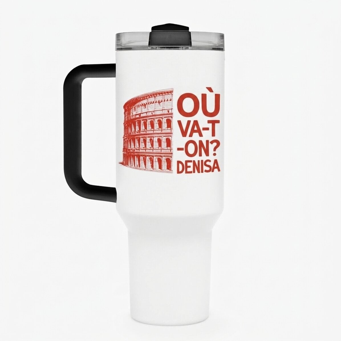 Tasse isotherme avec poignée et paille, personnalisée avec le texte « Where to next ? »