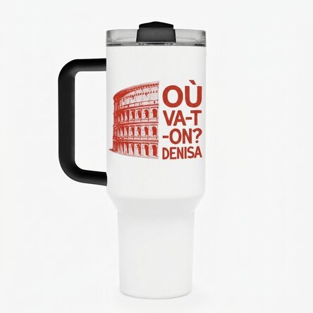 Tasse isotherme avec poignée et paille, personnalisée avec le texte « Where to next ? »