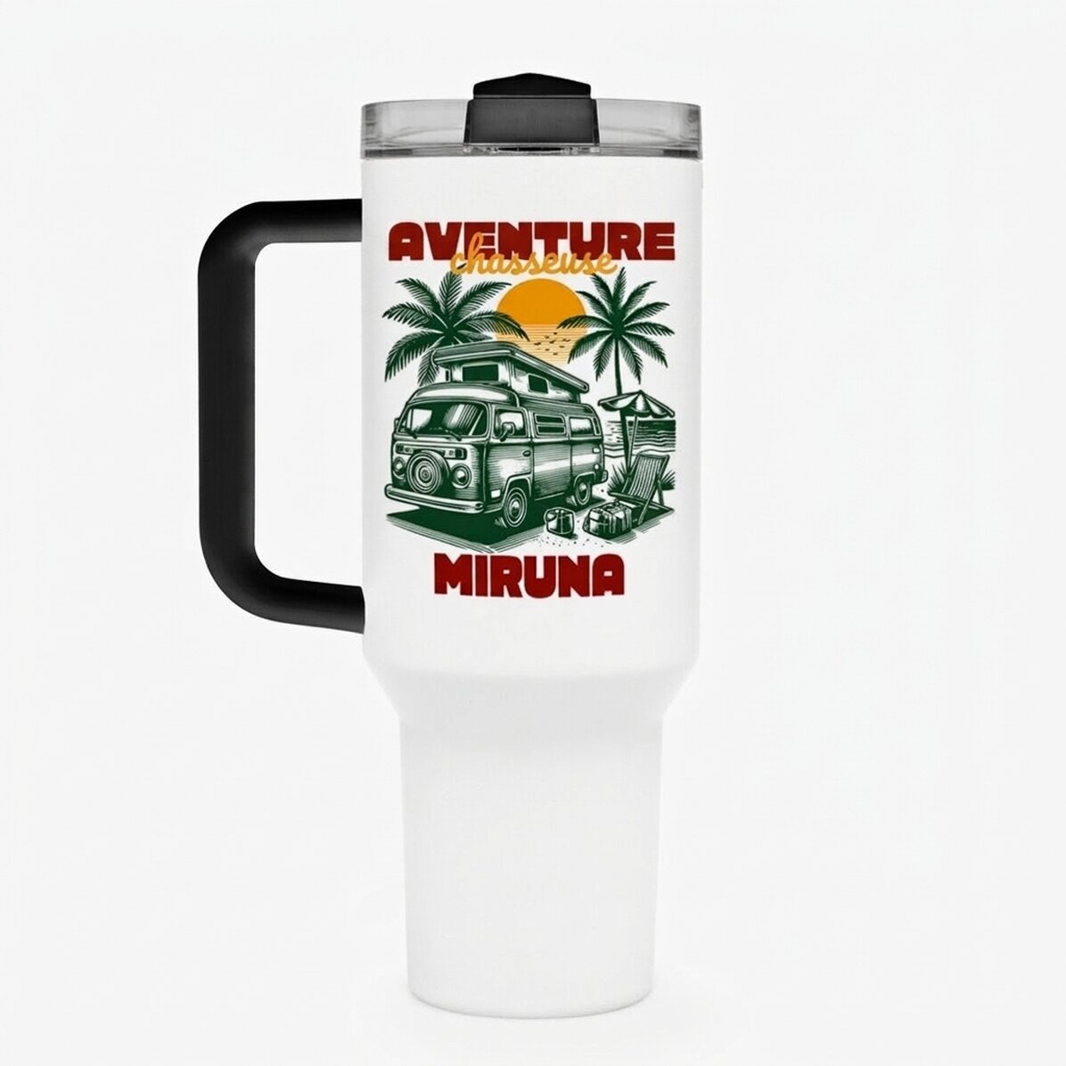 Tasse isotherme avec poignée et paille, personnalisée avec un texte - Dream chaser