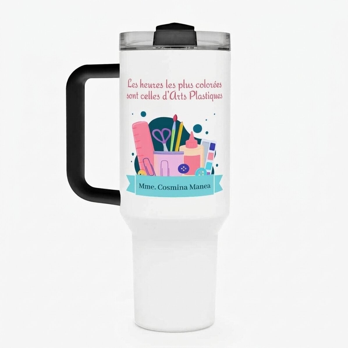 Gobelet isotherme avec poignée et paille, personnalisé avec un message - Professeure d