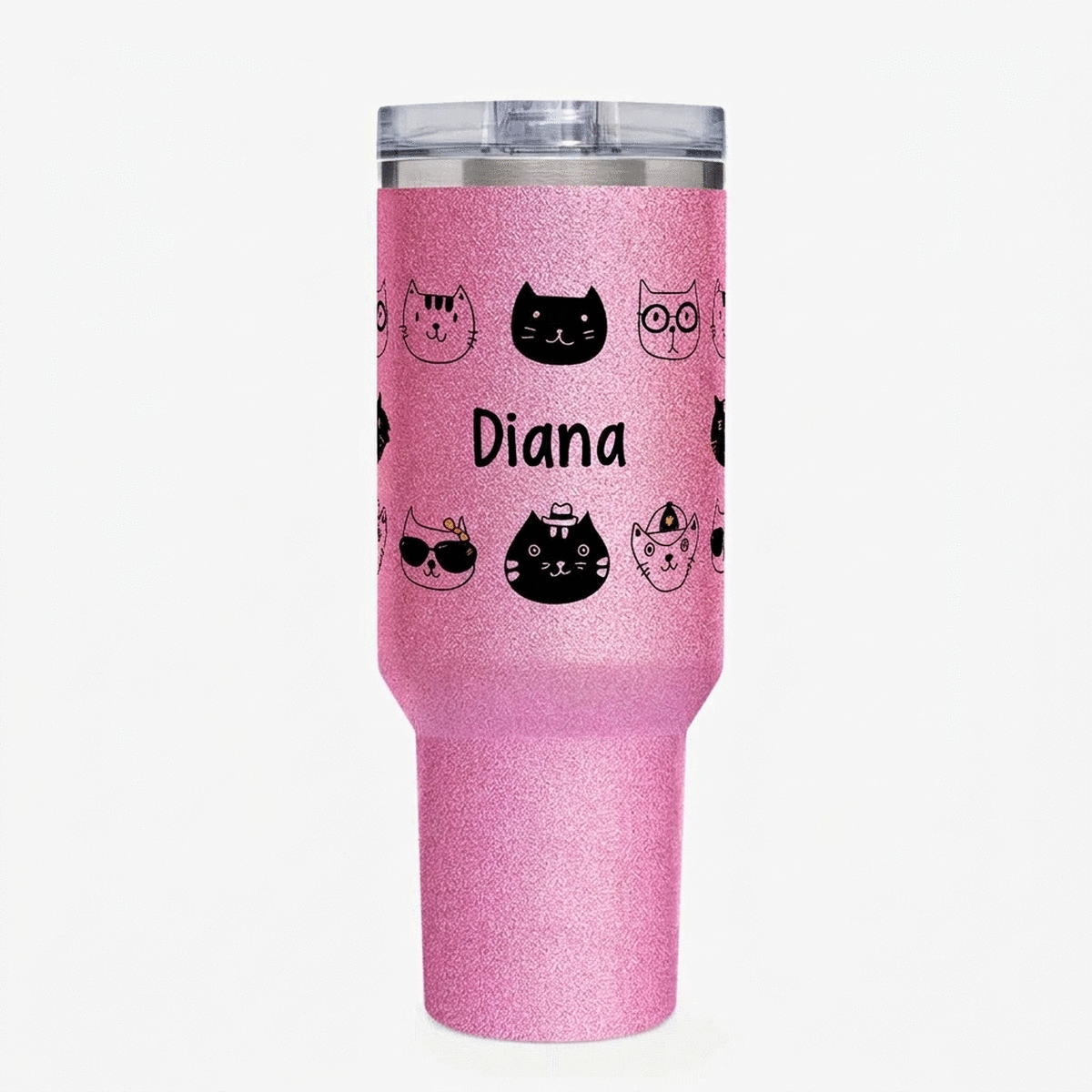 Tasse isotherme avec poignée et paille, personnalisée avec un prénom - Cats