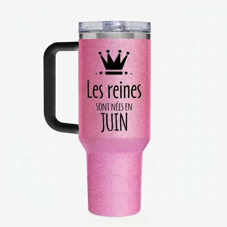 Tasse isotherme avec poignée et paille, personnalisée avec un texte - Queens