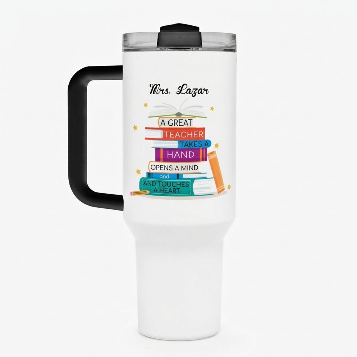 Tasse isotherme avec poignée et paille, personnalisée avec un message - Books