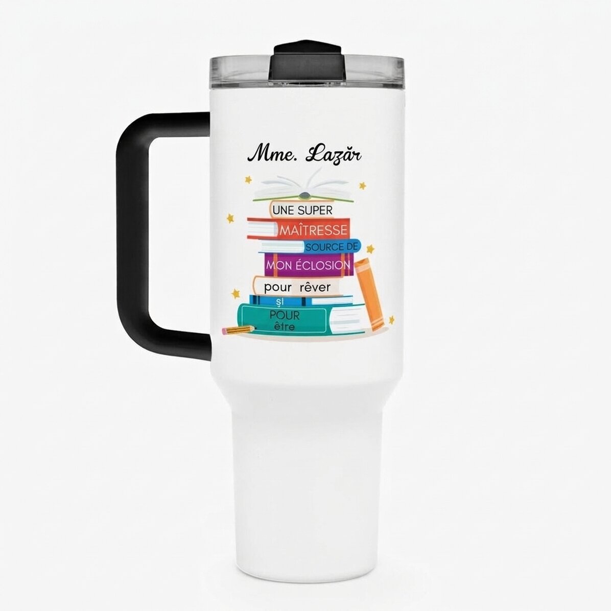 Tasse isotherme avec poignée et paille, personnalisée avec un message - Books