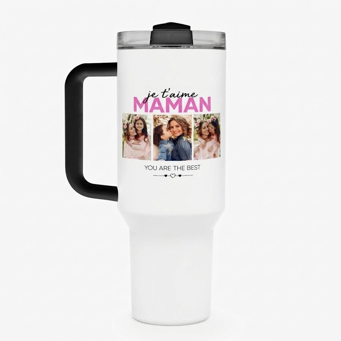 Tasse isotherme avec poignée et paille, personnalisée avec 6 photos et un texte - With love