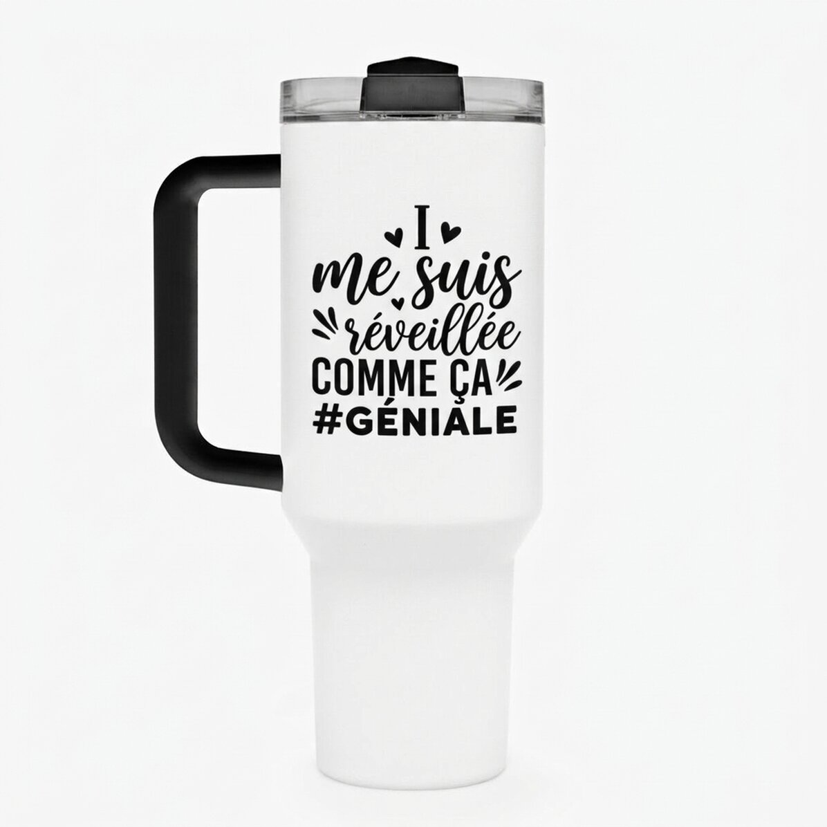 Tasse isotherme avec poignée et paille, personnalisée avec le texte « Woke up like this »