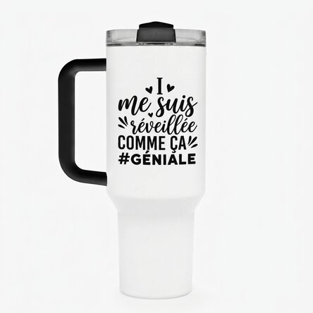 Tasse isotherme avec poignée et paille, personnalisée avec le texte « Woke up like this »