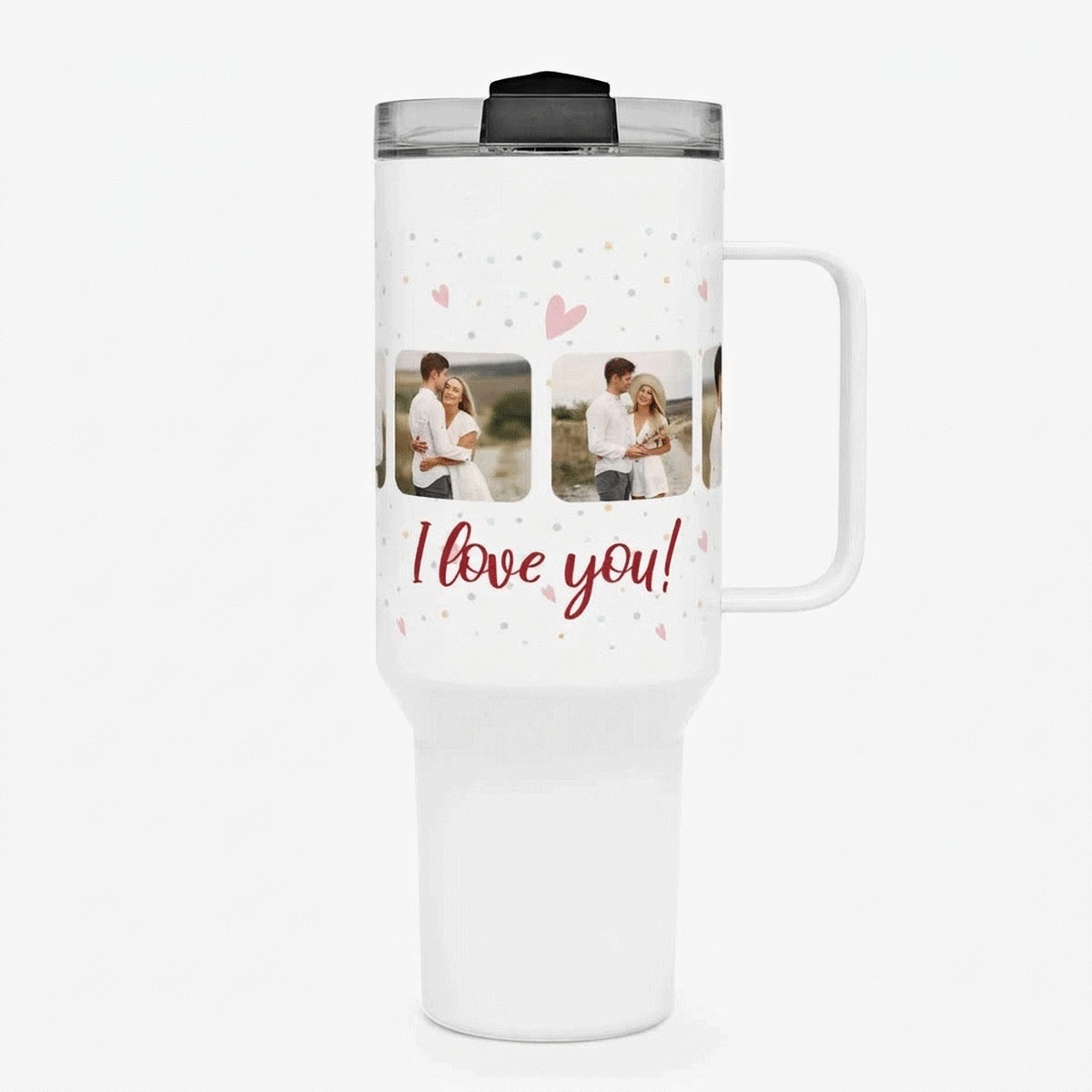 Tasse isotherme avec poignée et paille, personnalisée avec 6 photos et un texte - Celebrate love