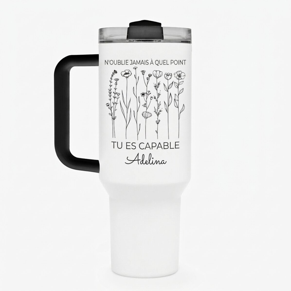 Tasse isotherme avec poignée et paille, personnalisée avec un texte - Flowers