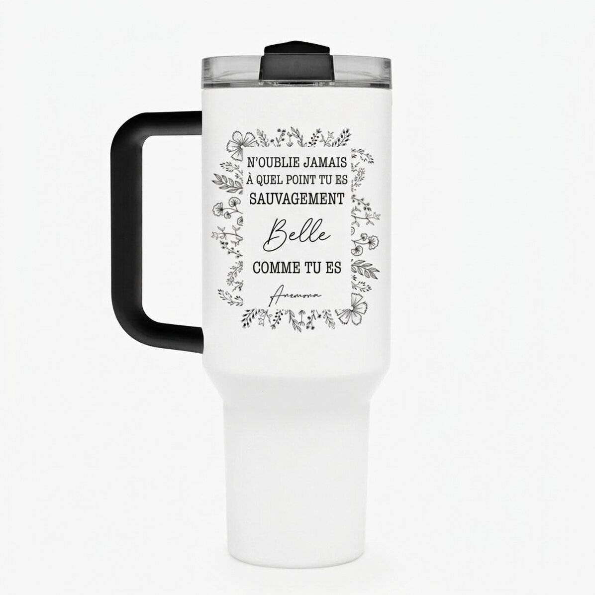 Tasse isotherme avec poignée et paille, personnalisée avec un texte - Cadre floral