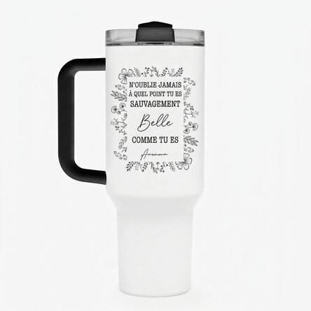 Tasse isotherme avec poignée et paille, personnalisée avec un texte - Cadre floral