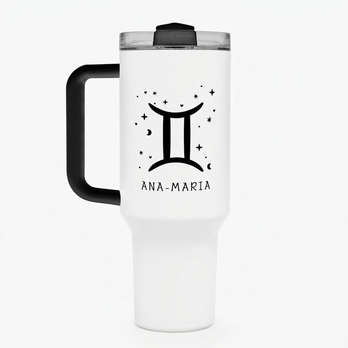 Tasse isotherme avec poignée et paille, personnalisée avec un texte - Signe du zodiaque : Gémeaux
