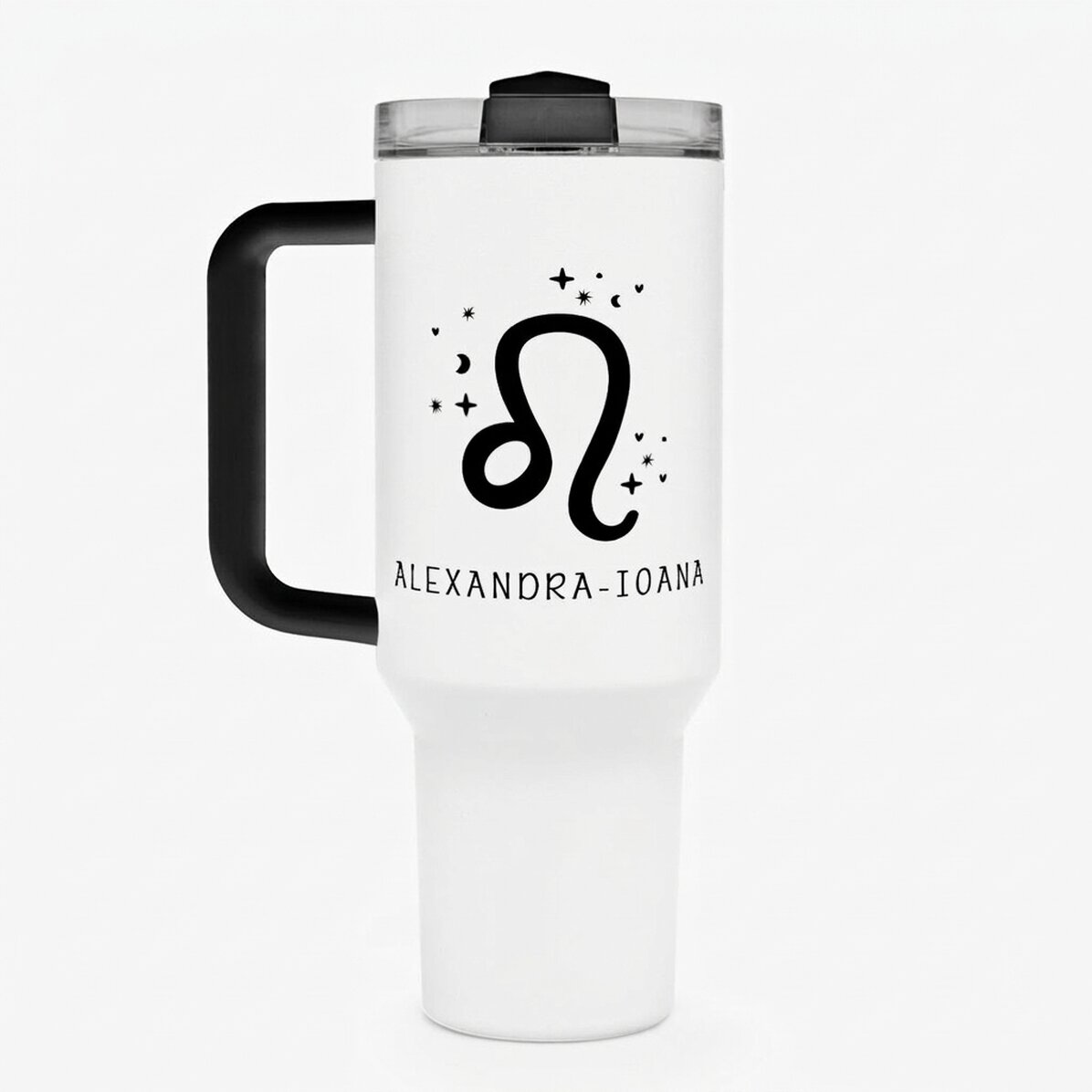 Tasse isotherme avec poignée et paille, personnalisée avec un texte - Signe du Lion