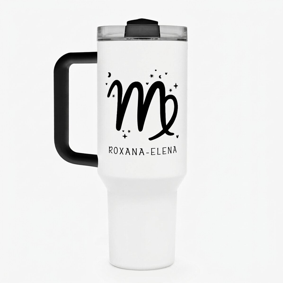 Tasse isotherme avec poignée et paille, personnalisée avec un texte - Signe du zodiaque : la Vierge