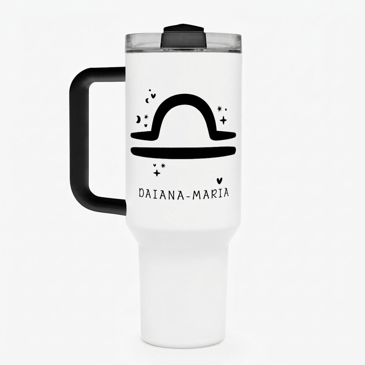 Tasse isotherme avec poignée et paille, personnalisée avec un texte - Signe du zodiaque : Balance