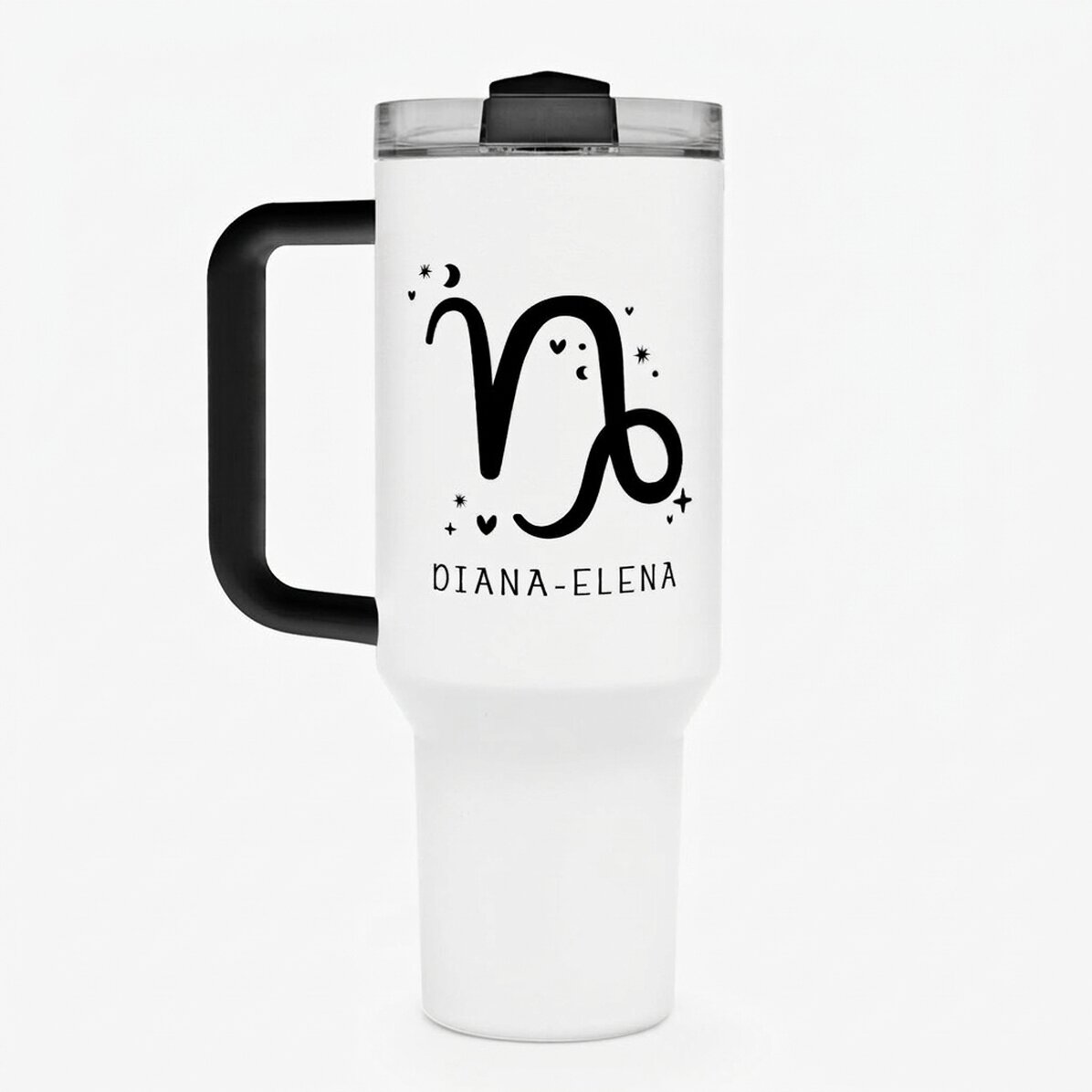 Tasse isotherme avec poignée et paille, personnalisée avec un texte - Signe du Capricorne