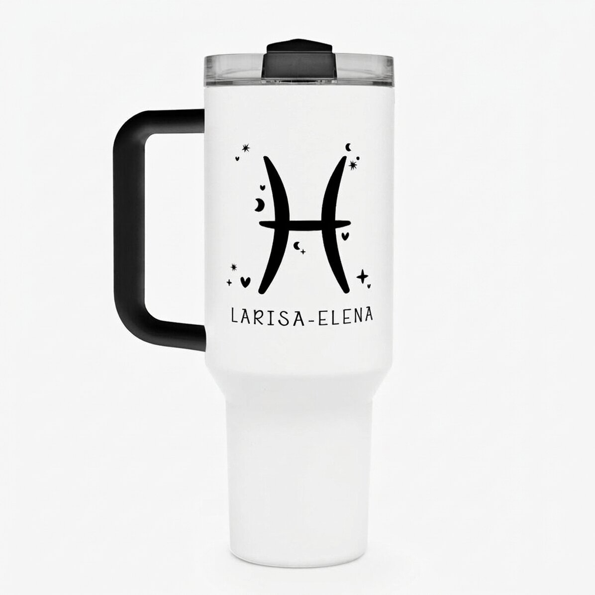 Tasse isotherme avec poignée et paille, personnalisée avec un texte - Signe du Poisson