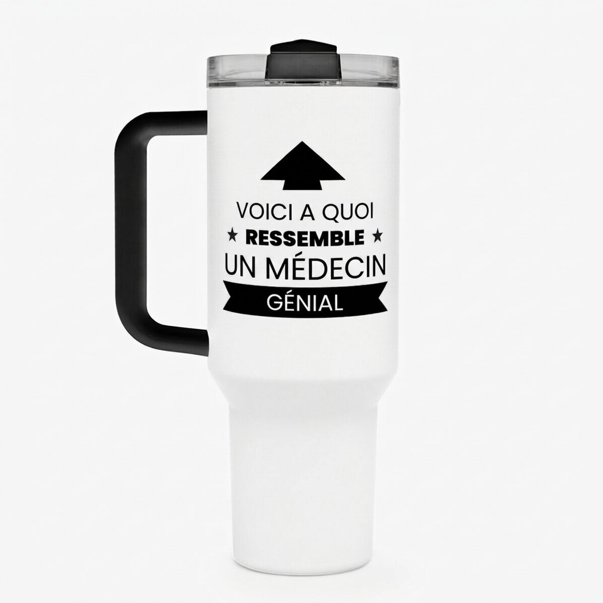 Tasse isotherme avec poignée et paille, personnalisée avec un texte - Voici à quoi elle ressemble