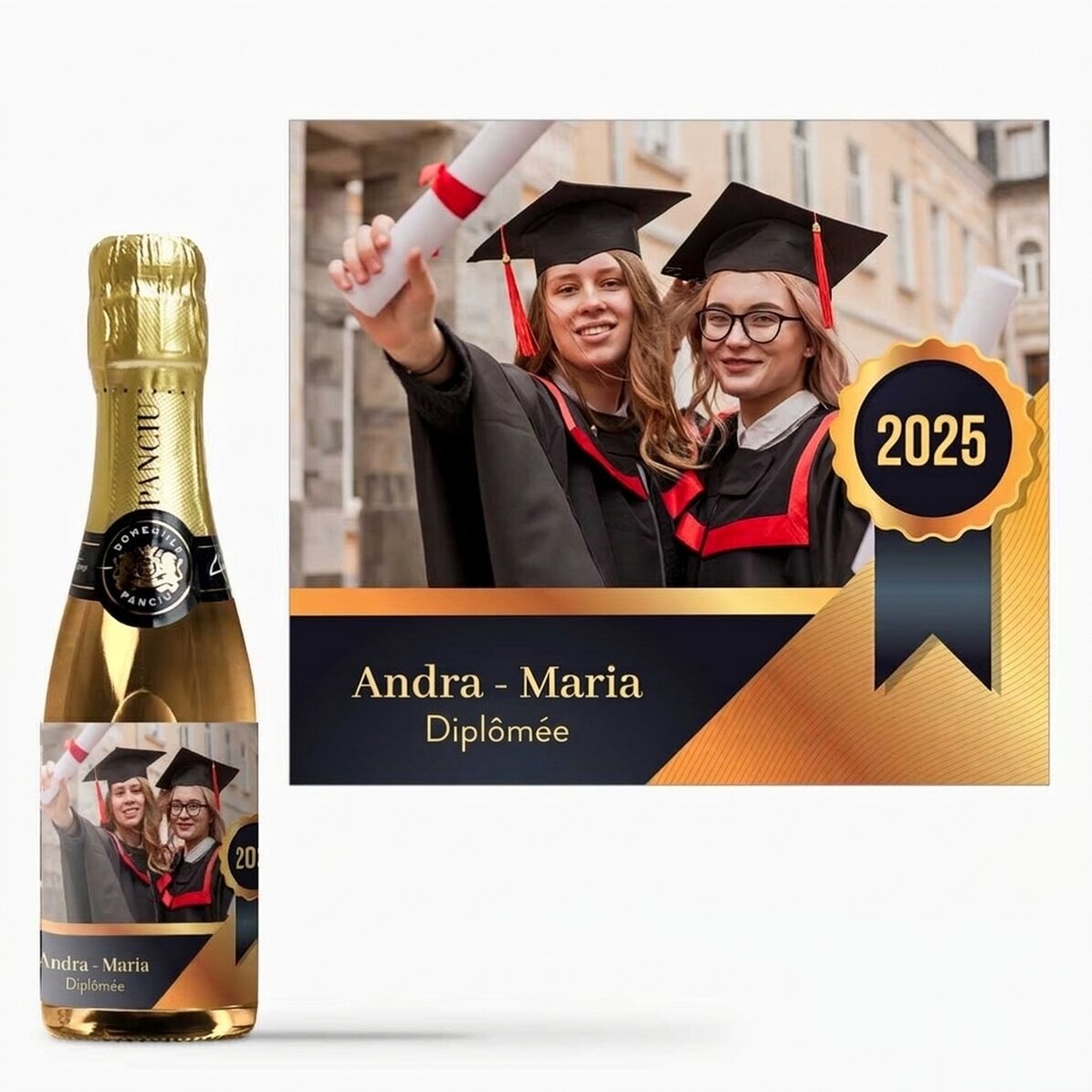 Mini-bouteille de vin mousseux personnalisée avec un message et une photo - Remise des diplômes
