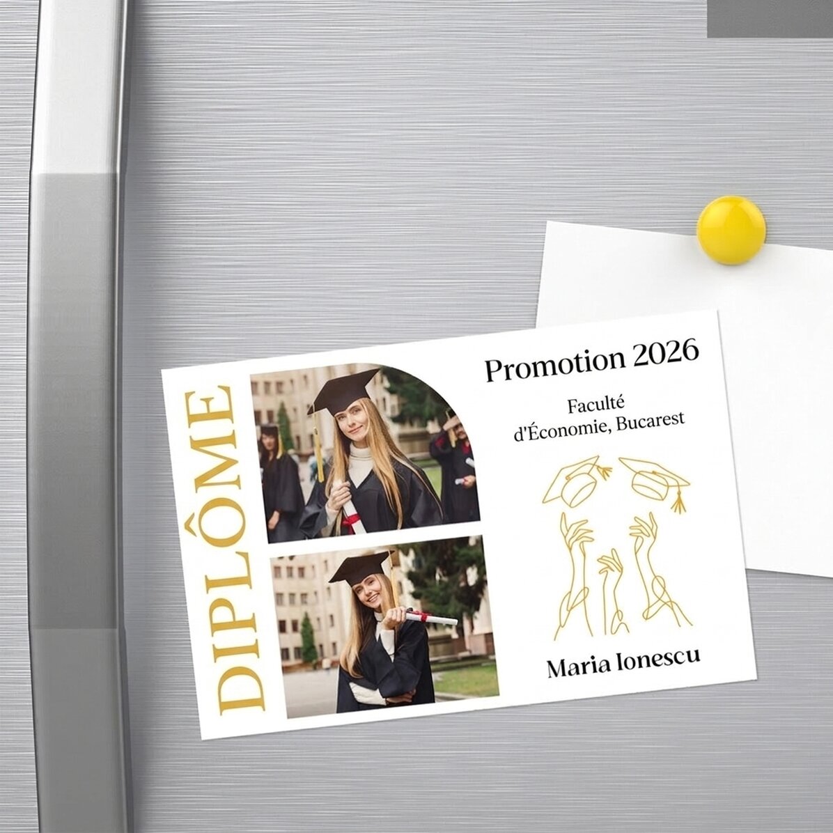 Aimant personnalisé de 15 x 10 cm avec 2 photos et un texte - Remise des diplômes