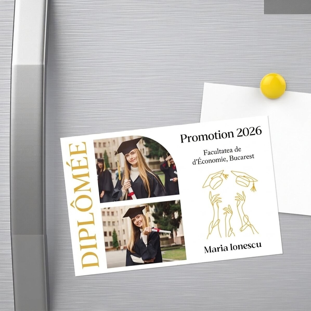 Aimant personnalisé de 15 x 10 cm avec 2 photos et un texte - Remise des diplômes