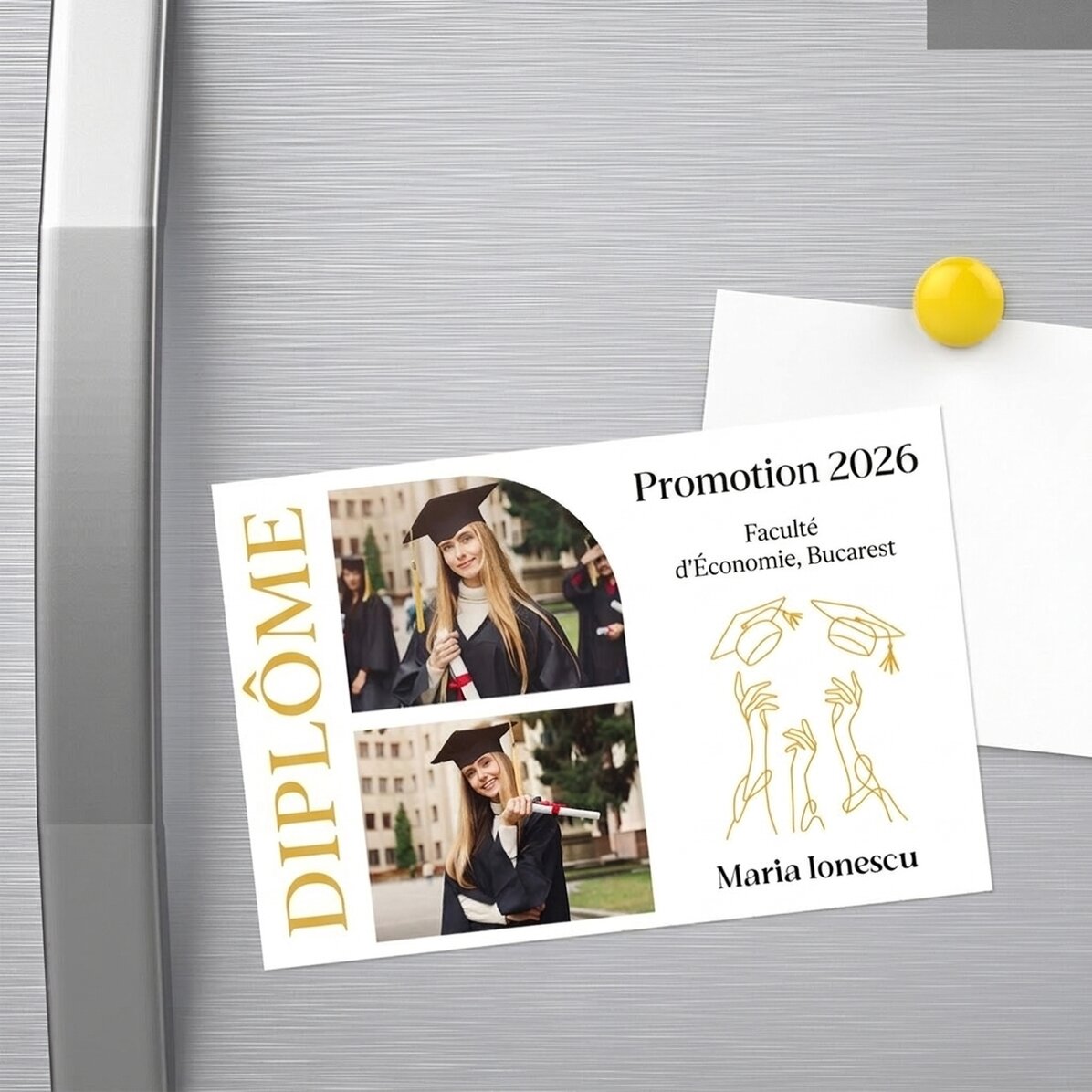 Aimant personnalisé de 15 x 10 cm avec 2 photos et un texte - Remise des diplômes