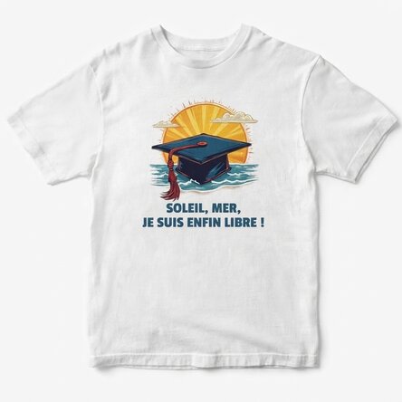 T-shirt en coton personnalisé avec l'inscription « Sun, sea, finally free »