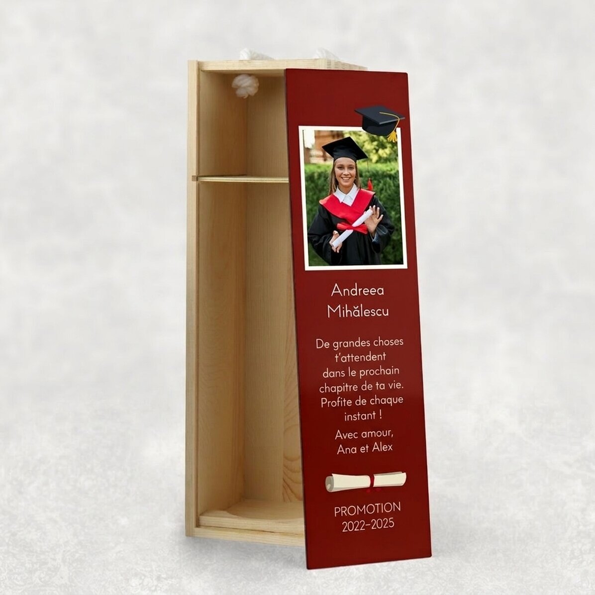 Coffret à vin pour une bouteille personnalisée avec une photo et un message - Remise des diplômes