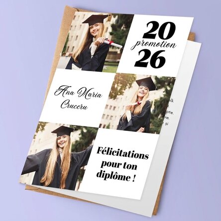 Carte de vœux personnalisée avec 3 photos et un texte - Remise des diplômes