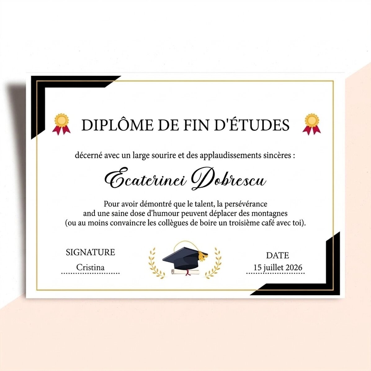 Diplôme personnalisé avec texte - Remise des diplômes