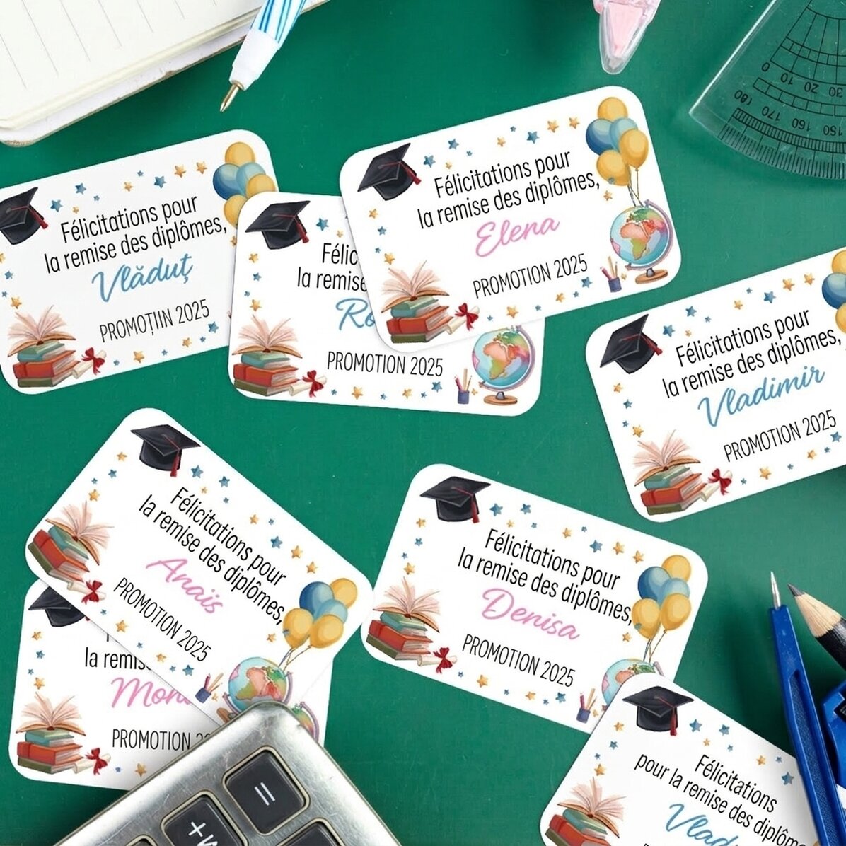 Lot de 8 autocollants (étiquettes adhésives) personnalisés avec un message - Remise des diplômes