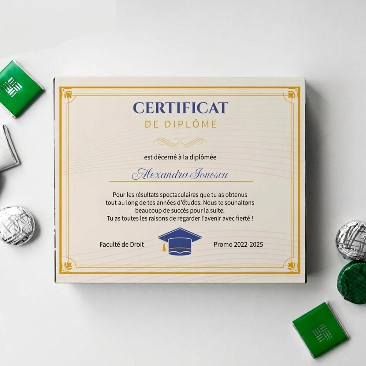 Boîte de bonbons personnalisée avec un message - Certificat de fin d