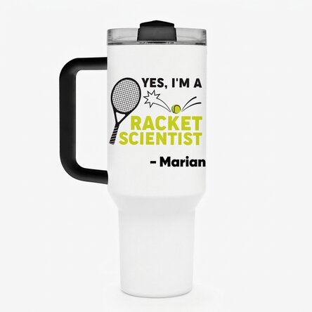 Tasse isotherme avec poignée et paille, personnalisée avec un texte - Racket scientist