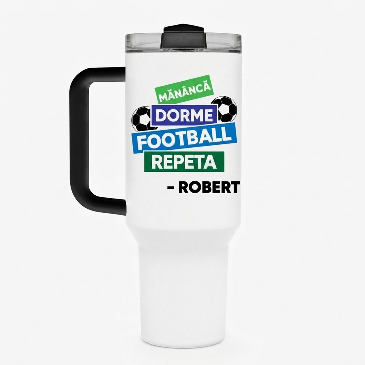 Tasse isotherme avec poignée et paille, personnalisée avec un prénom - Football