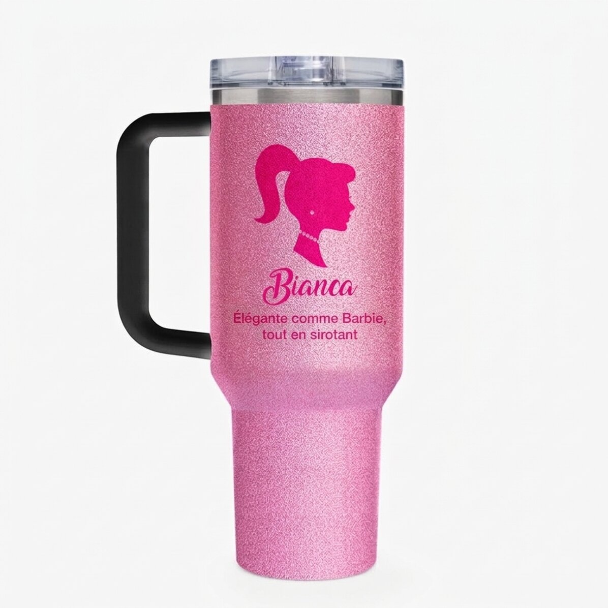 Gobelet isotherme avec poignée et paille, personnalisé avec un texte - Barbie