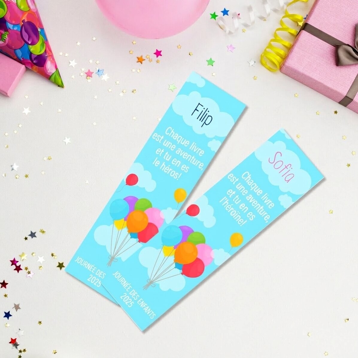 Marque-page personnalisé avec message et prénom pour enfants - Ballons
