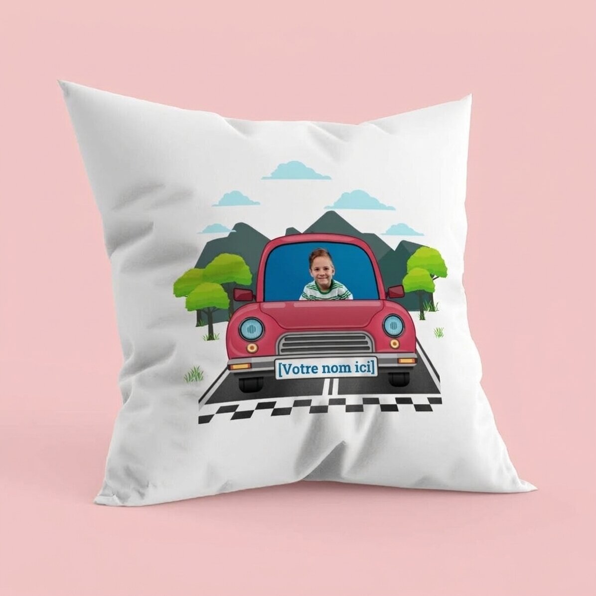 Coussin personnalisé avec photo et prénom - Voiture