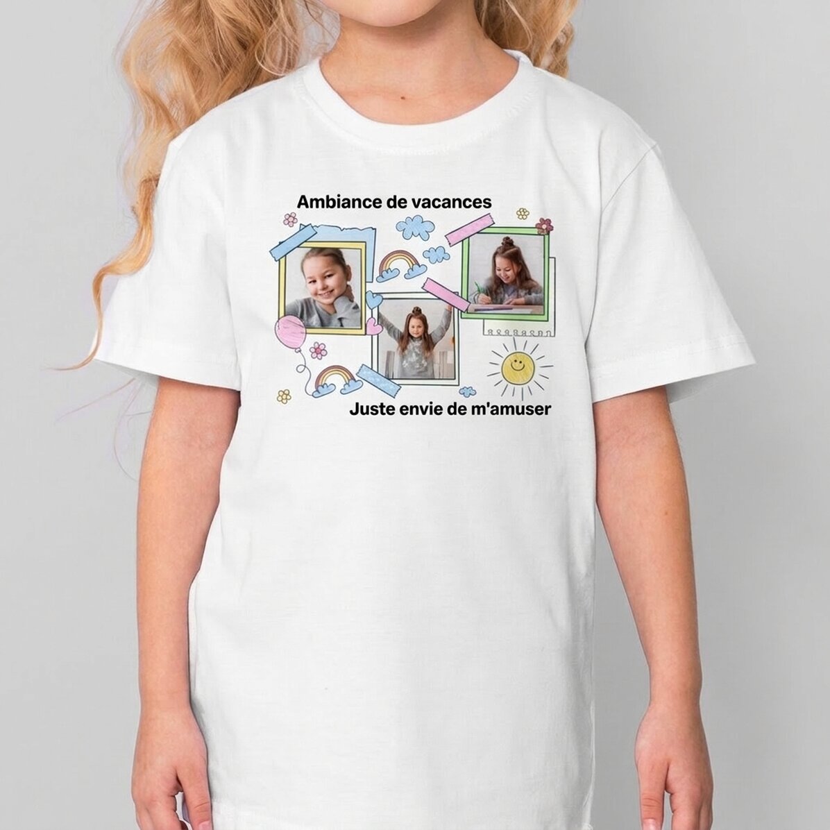 T-shirt en coton pour enfants, personnalisé avec un message et 3 photos - Cute