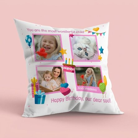 Coussin personnalisé avec 4 photos et un message - Joyeux anniversaire, les enfants