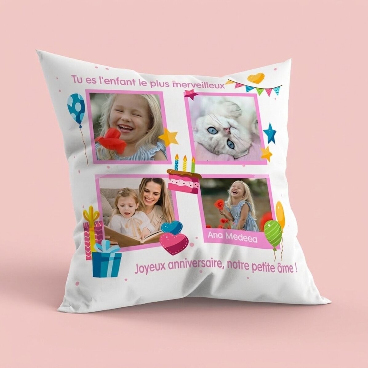 Coussin personnalisé avec 4 photos et un message - Joyeux anniversaire, les enfants