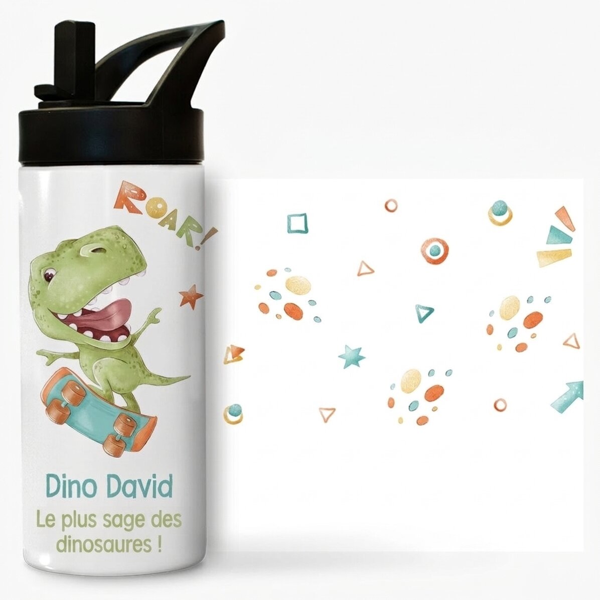 Thermos avec poignée et paille, personnalisé avec un message pour les enfants - Dino