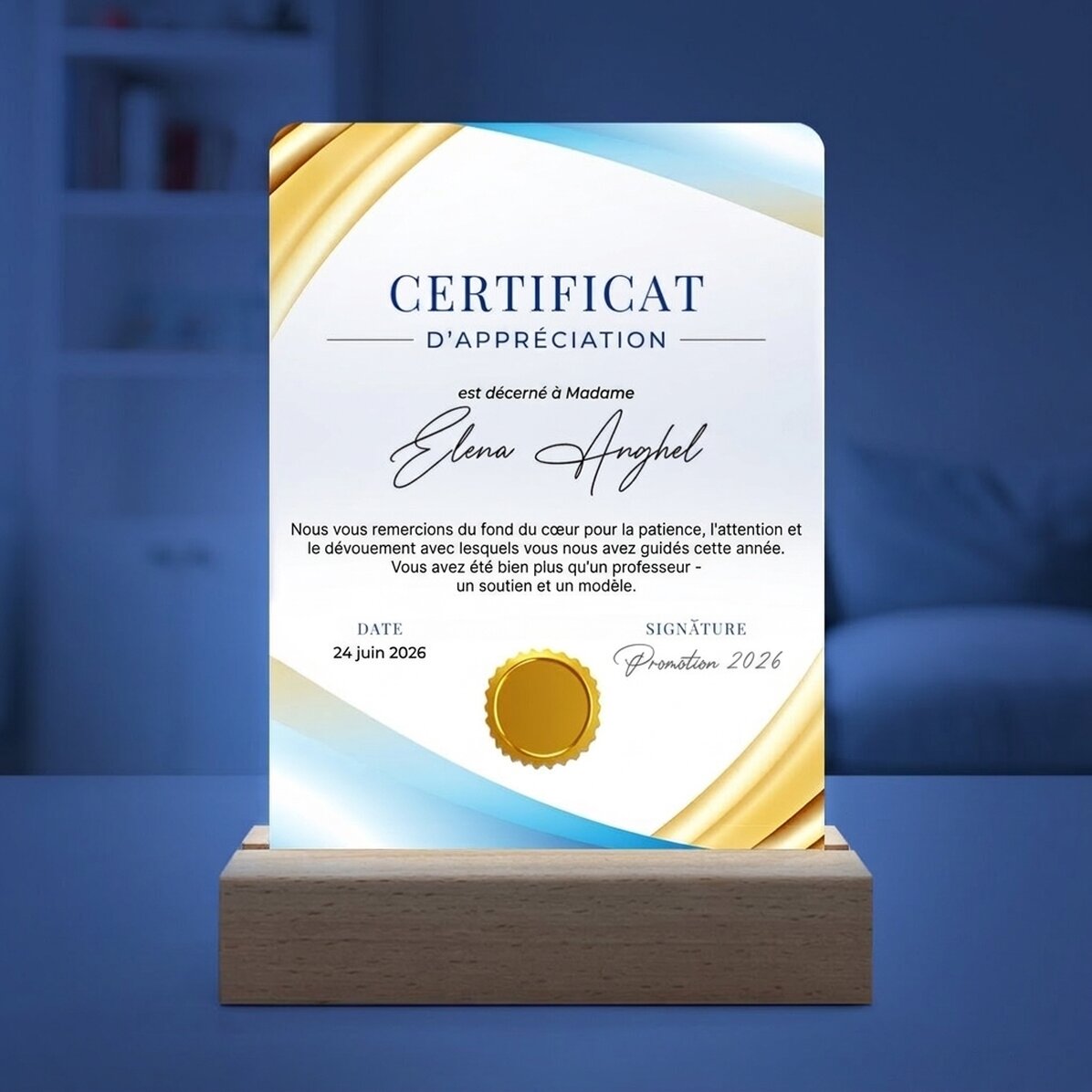 Lampe de veille LED personnalisée avec message - Certificat de reconnaissance