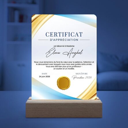 Lampe de veille LED personnalisée avec message - Certificat de reconnaissance